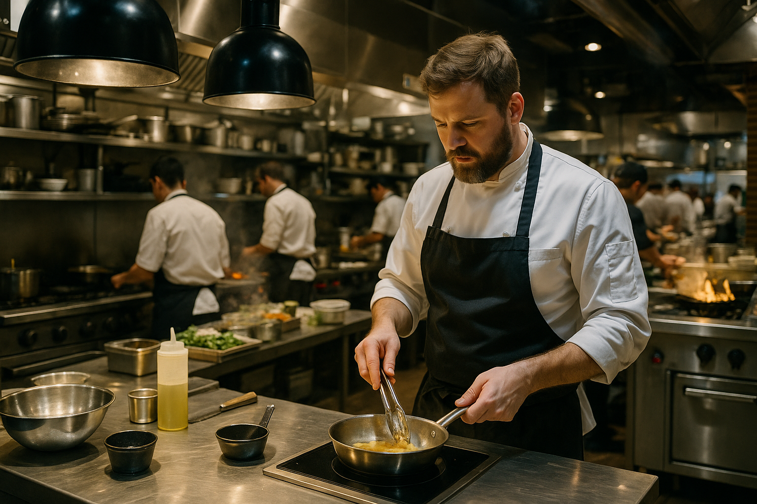 Professional chef cooking in a busy restaurant kitchen