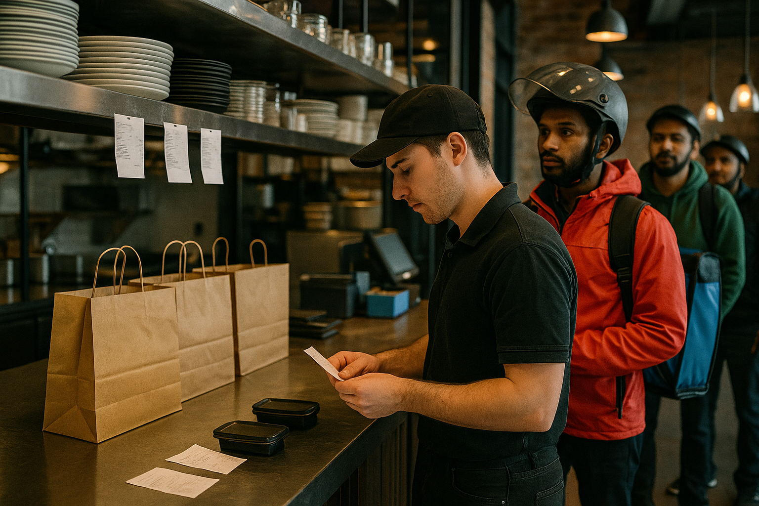 Restaurant staff checking order slips with delivery drivers waiting to pick up orders